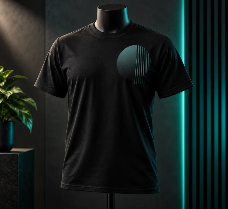 Black t-shirt with abstract geometric print on a mannequin