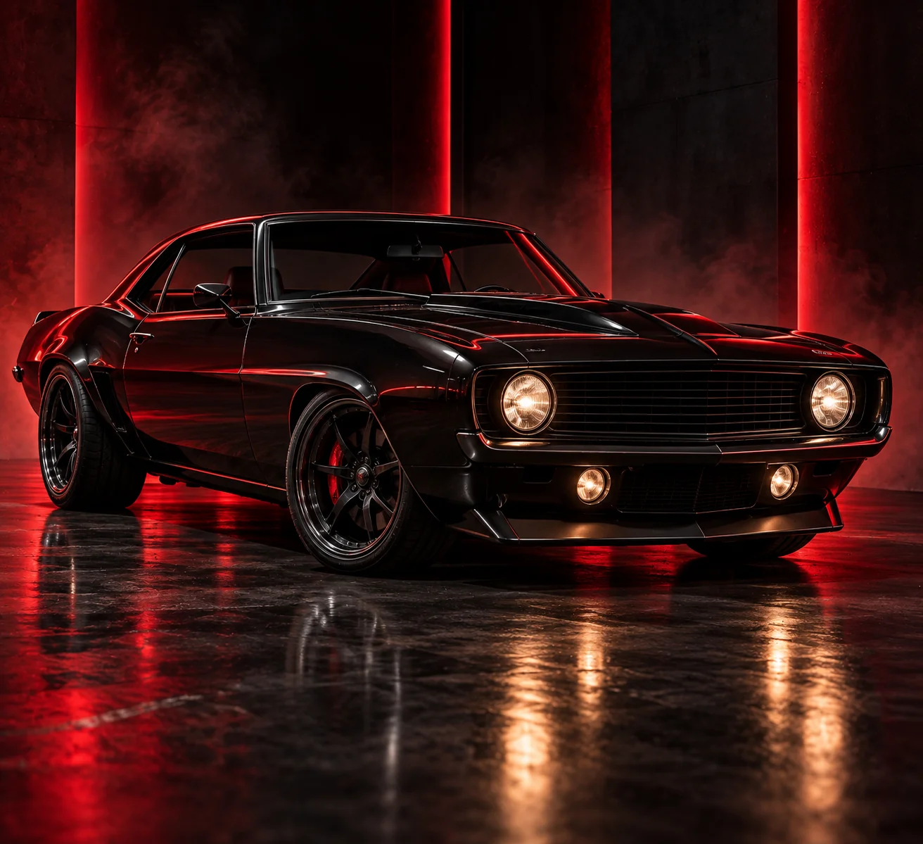 Custom black muscle car in a dark studio with red lighting