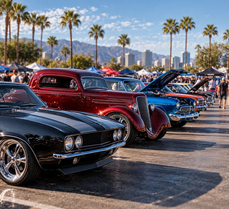 Wide outdoor car show with rows of parked custom cars