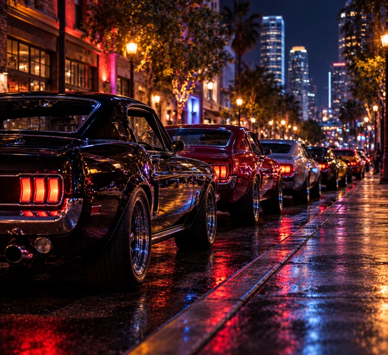 Row of classic cars parked on a city street at night