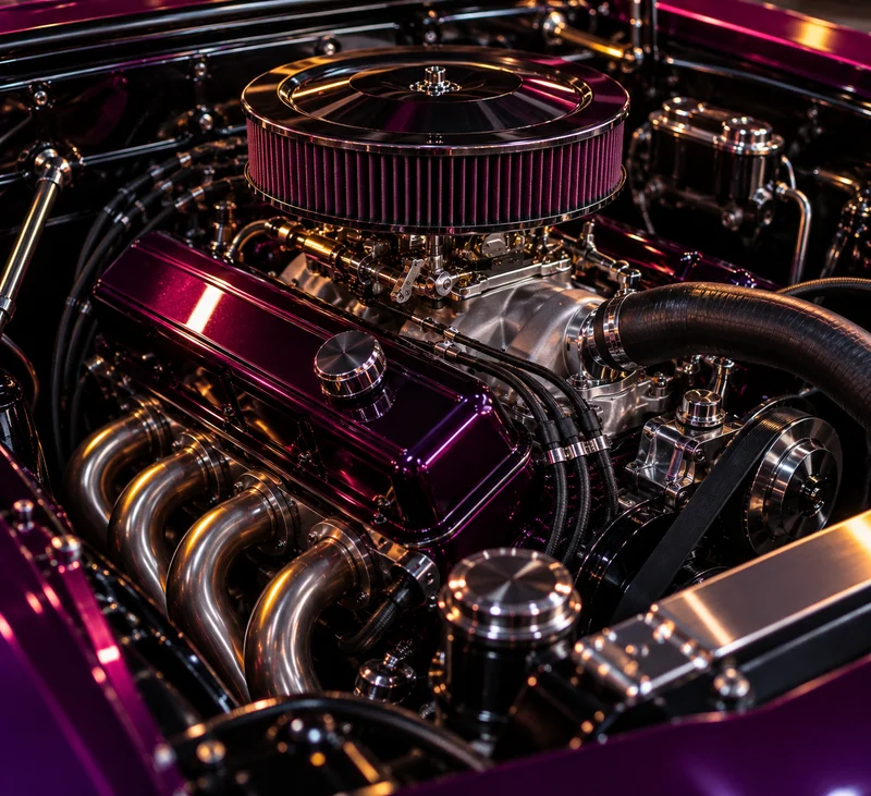 Close-up detail shot of a custom candy-paint engine bay