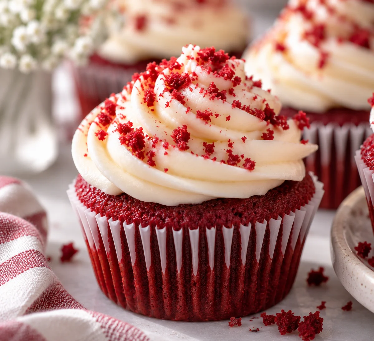 Red velvet cupcake topped with cream cheese frosting