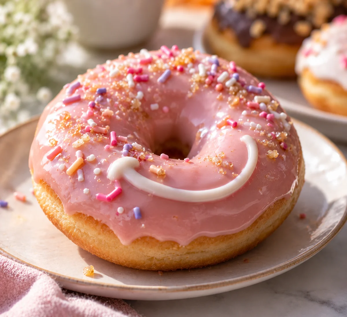 Pink glazed donut with sprinkles