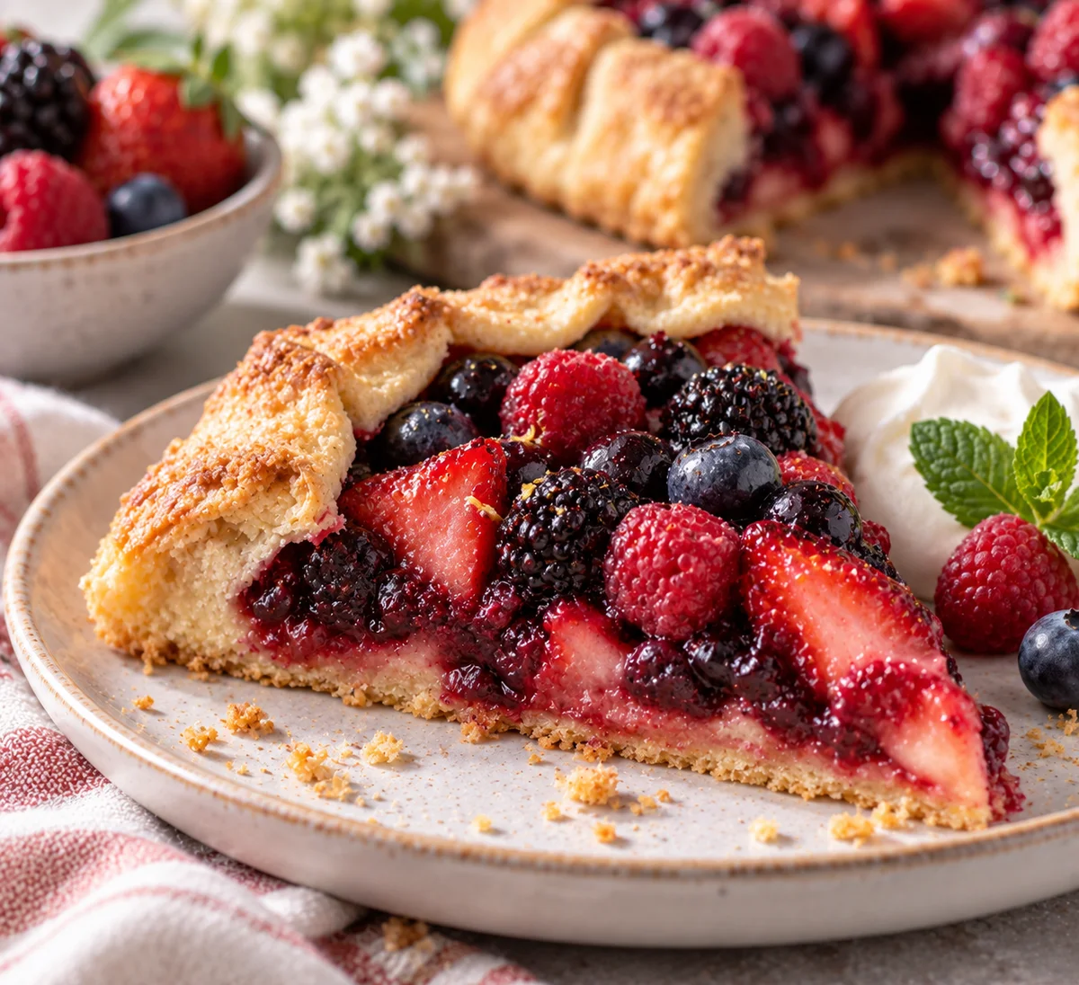 Rustic berry galette slice with mixed seasonal berries