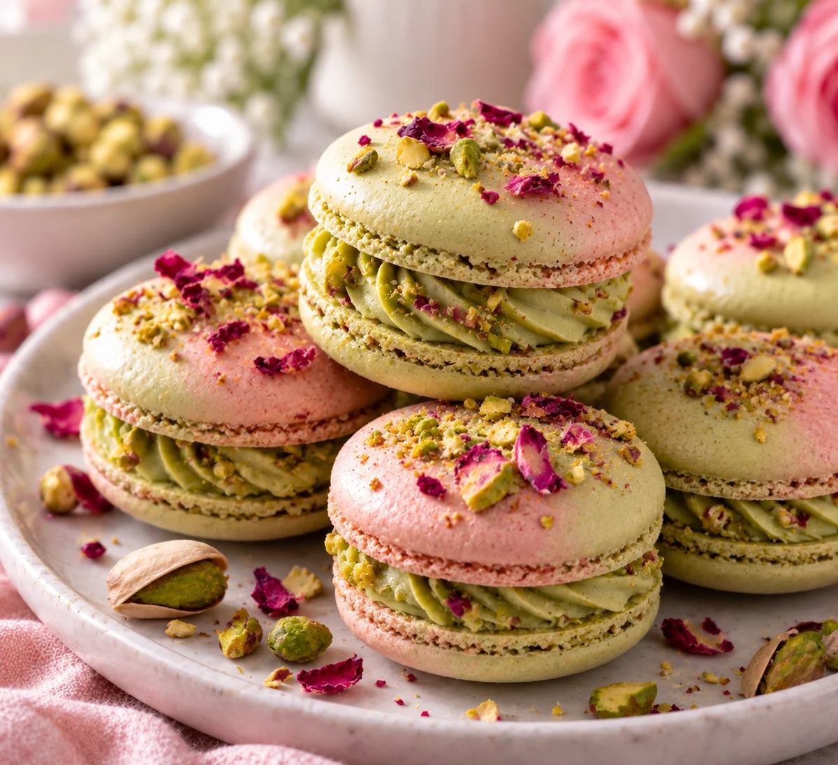 Pistachio rose macarons with visible pistachio buttercream filling