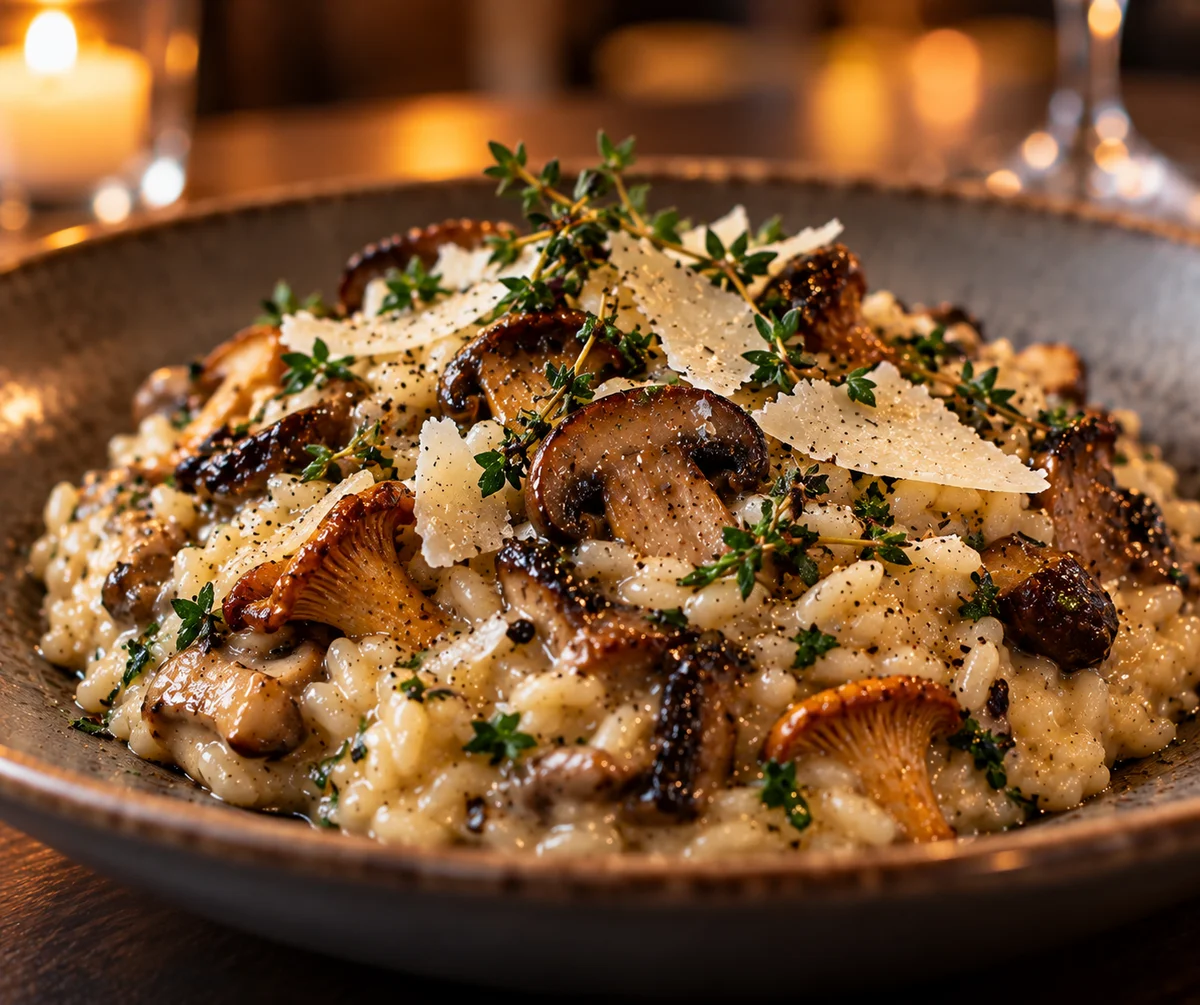 Wild mushroom risotto garnished with fresh thyme and parmesan