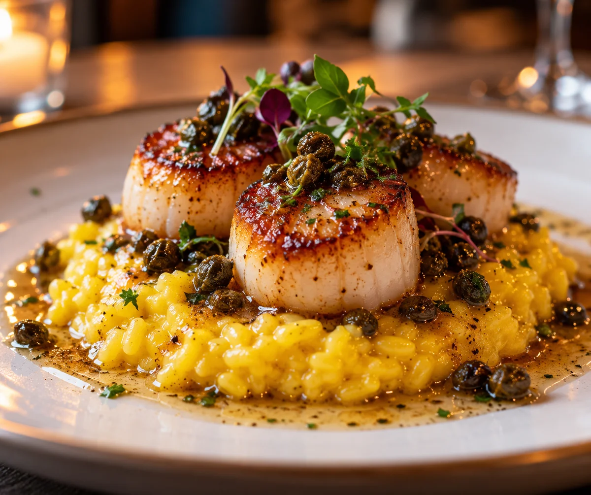 Pan-seared sea scallops on saffron risotto with brown butter and crispy capers