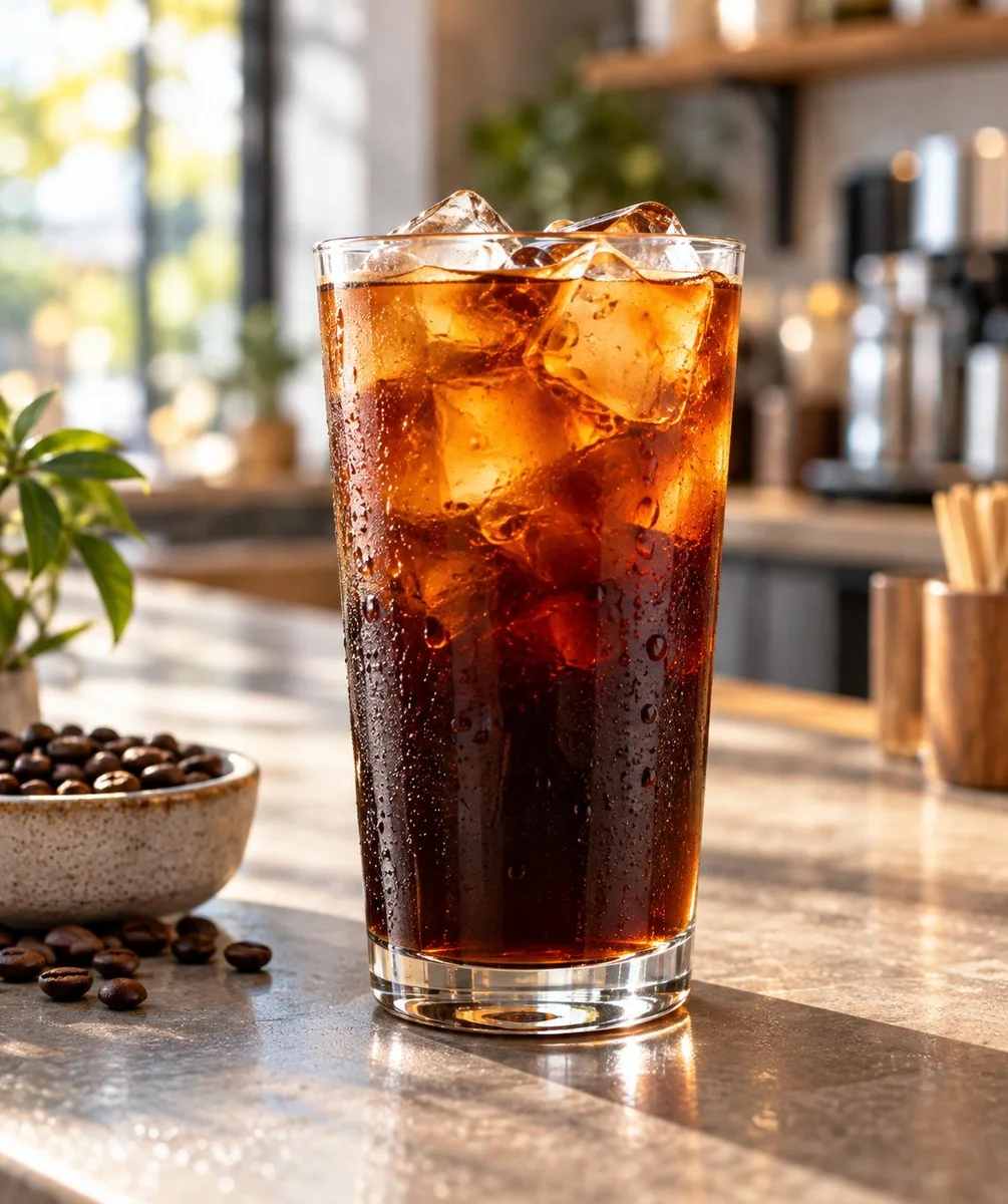Iced cold brew coffee in a tall glass with condensation