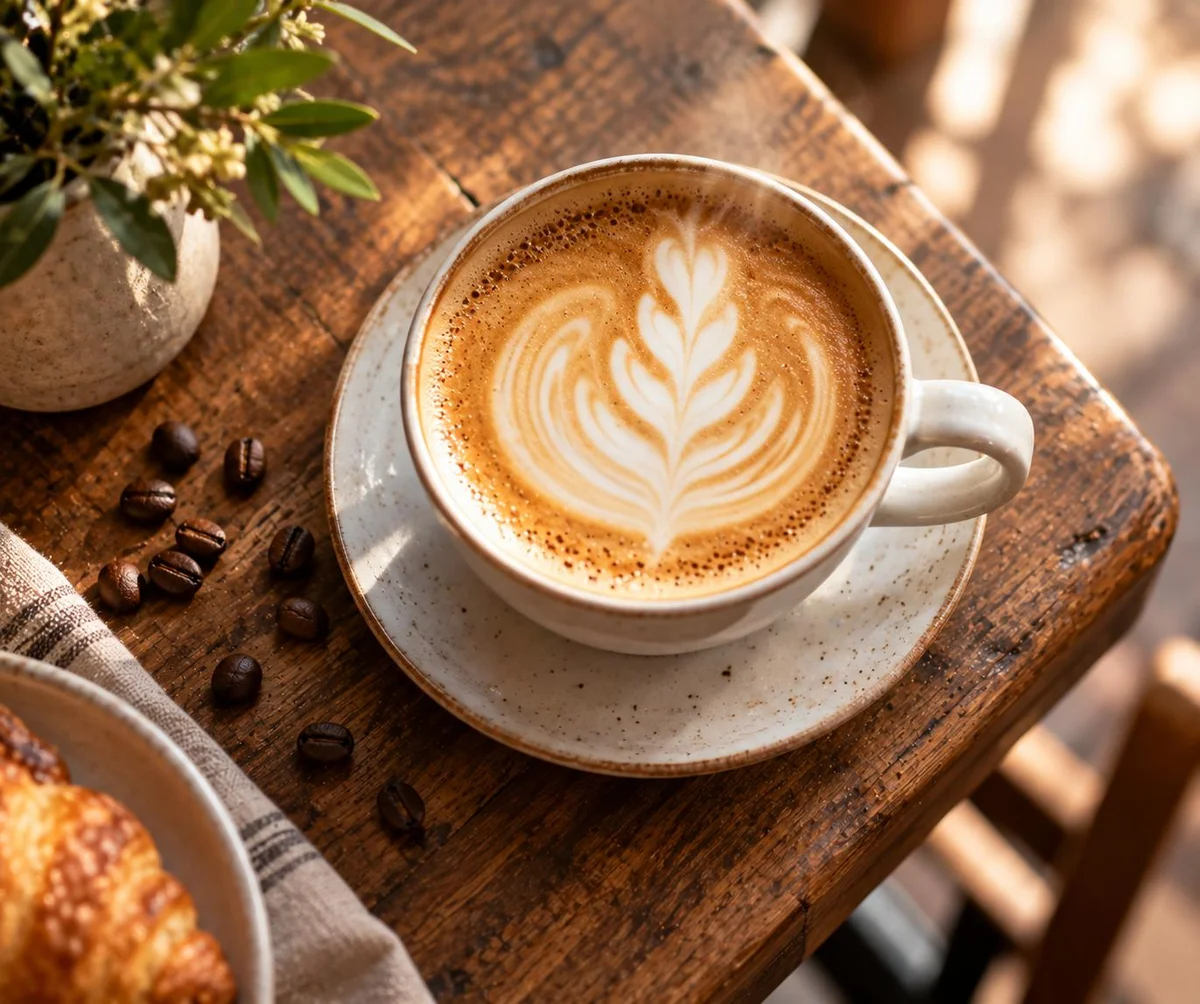 Latte with delicate foam art on a wooden café table