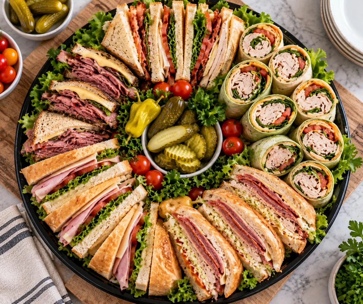 Large catering platter with an assortment of sliced sandwiches and wraps