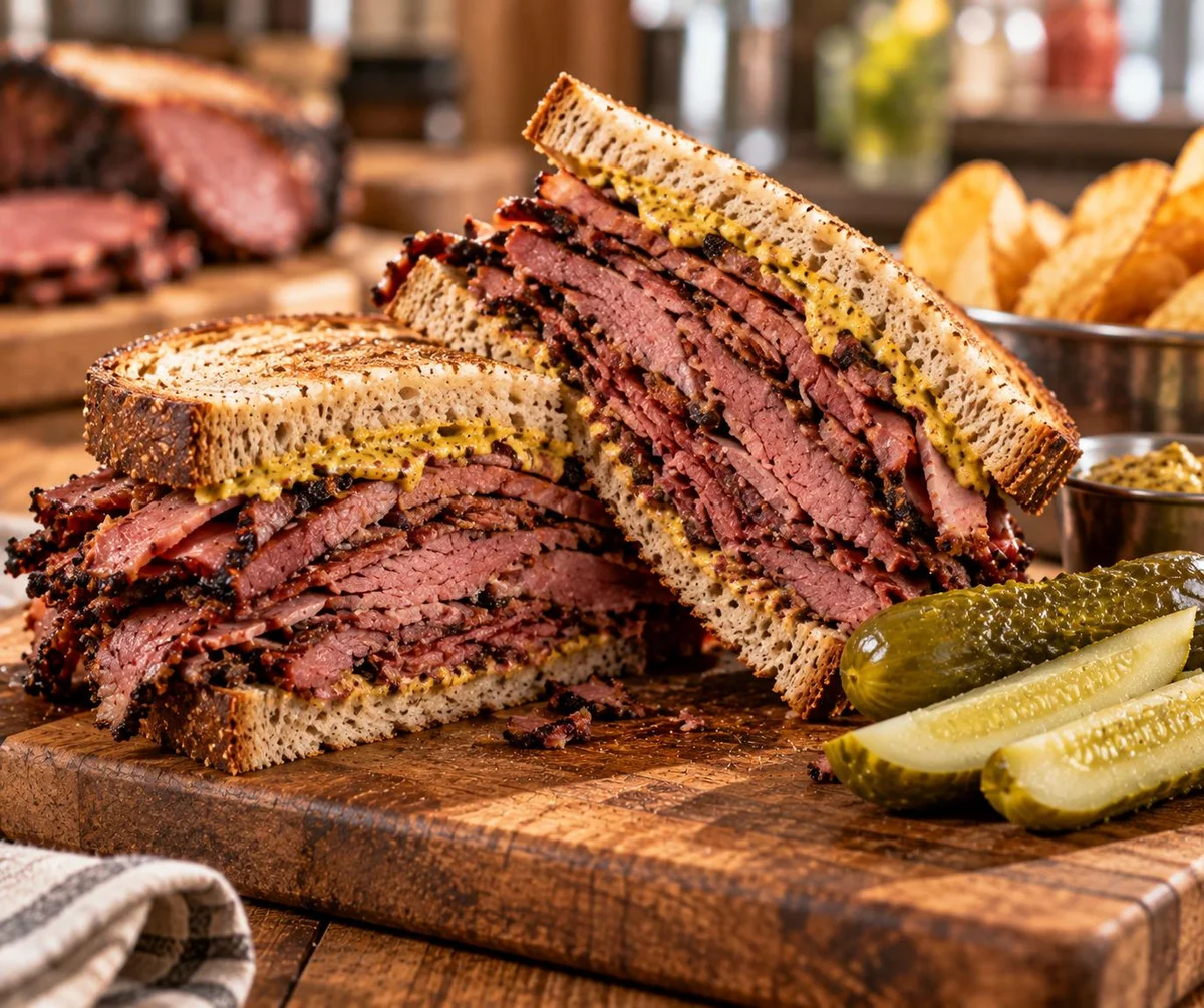 Hand-sliced pastrami sandwich on rye bread with mustard