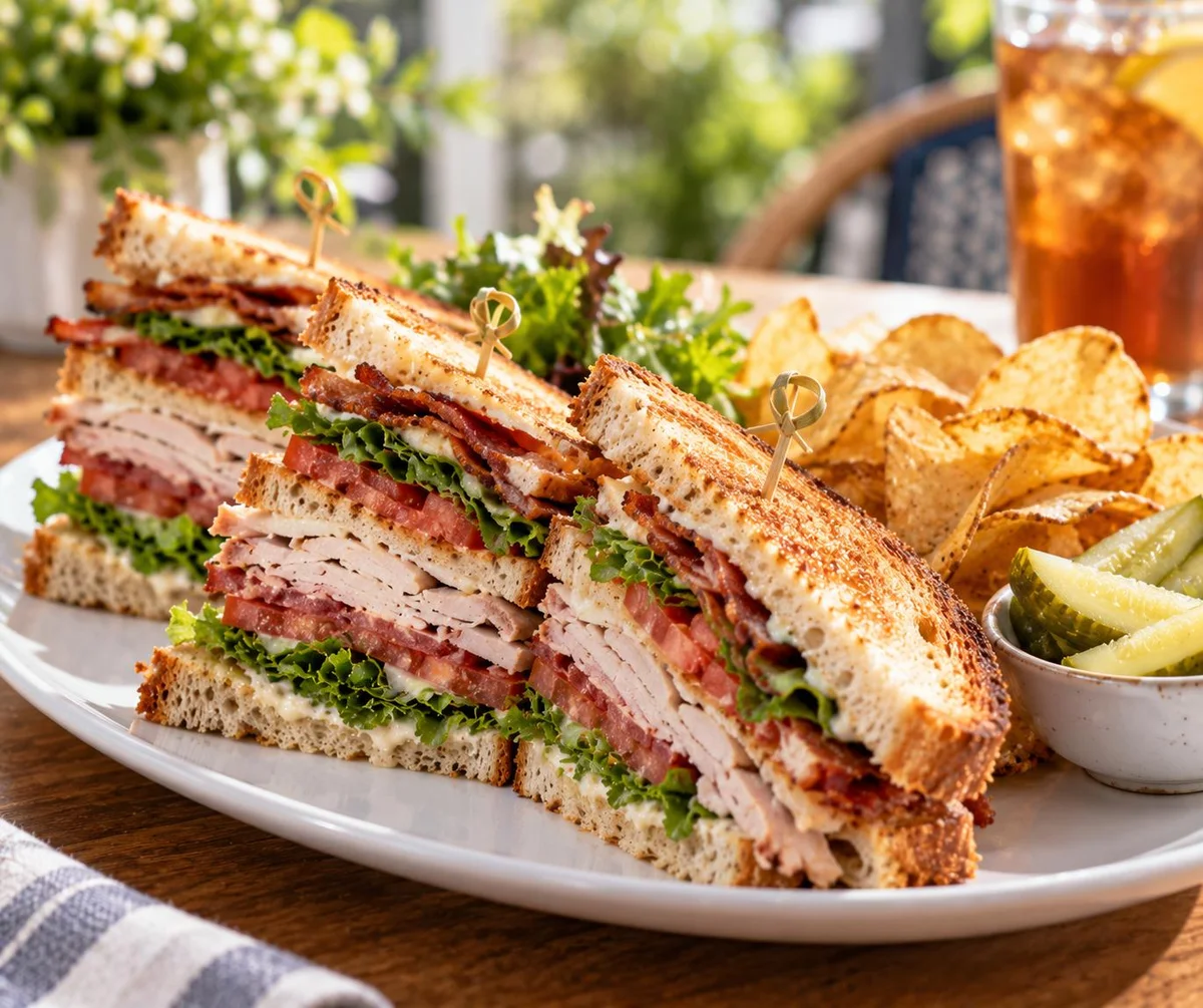 Triple-decker turkey club sandwich with bacon, lettuce, and tomato