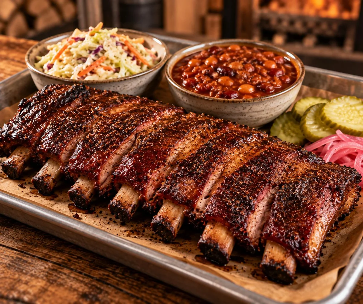 Half rack of dry-rubbed smoked ribs sliced between the bones, served with sides