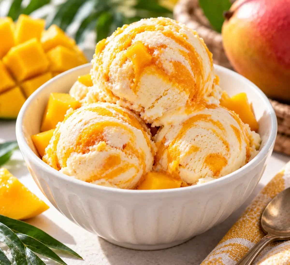 Scoops of ice cream with vibrant mango swirl