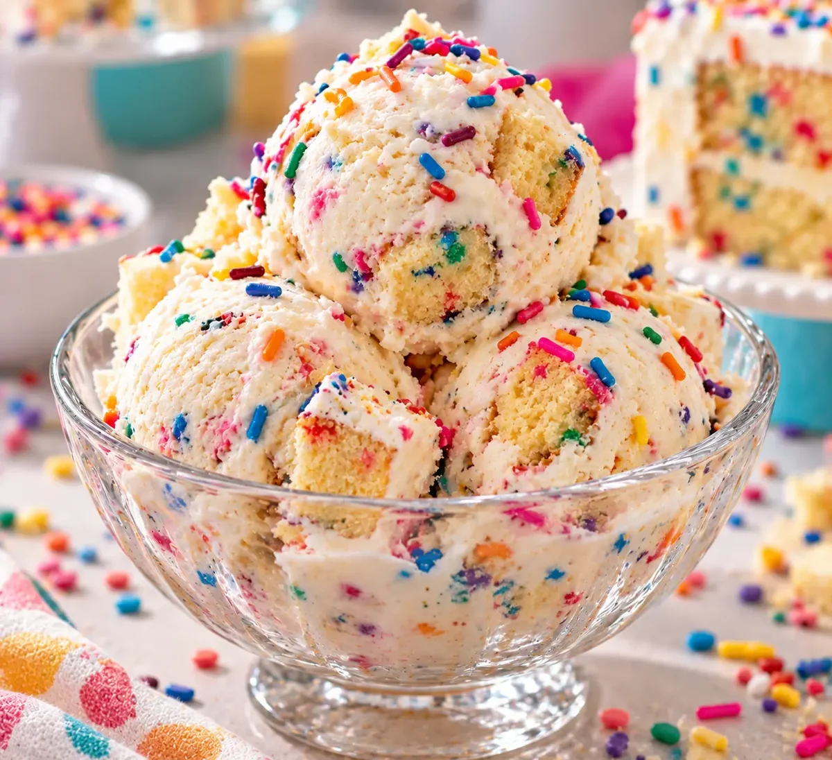 Confetti cake batter ice cream loaded with rainbow sprinkles and cake chunks