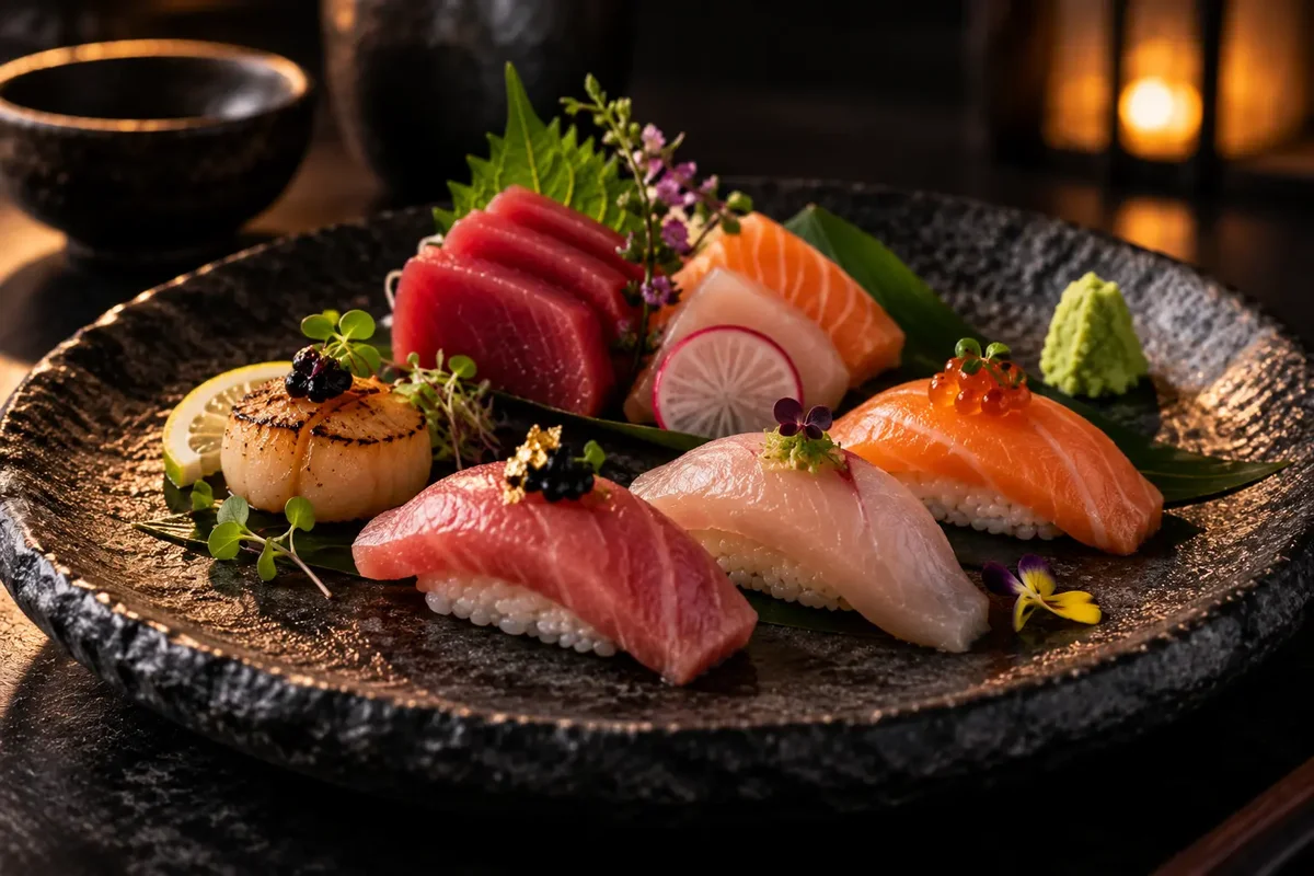 Elegantly plated omakase nigiri and sashimi course