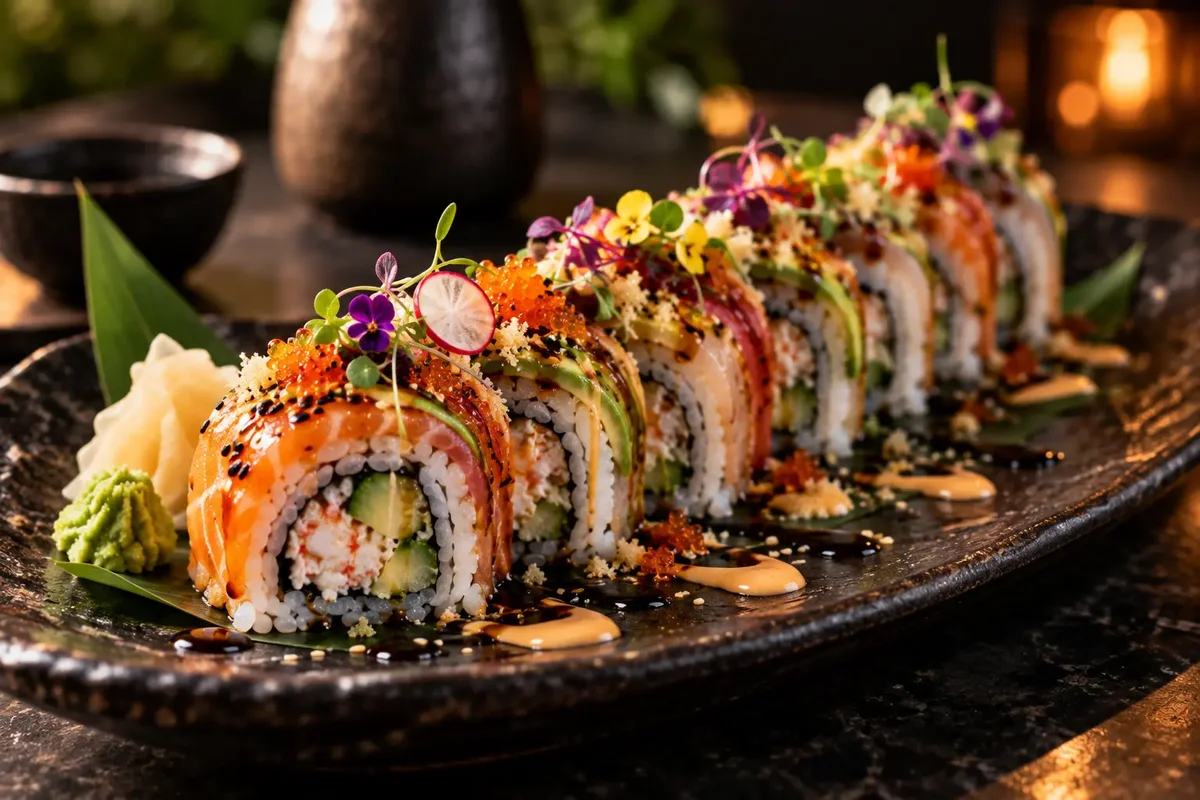Rainbow roll topped with assorted fresh sashimi