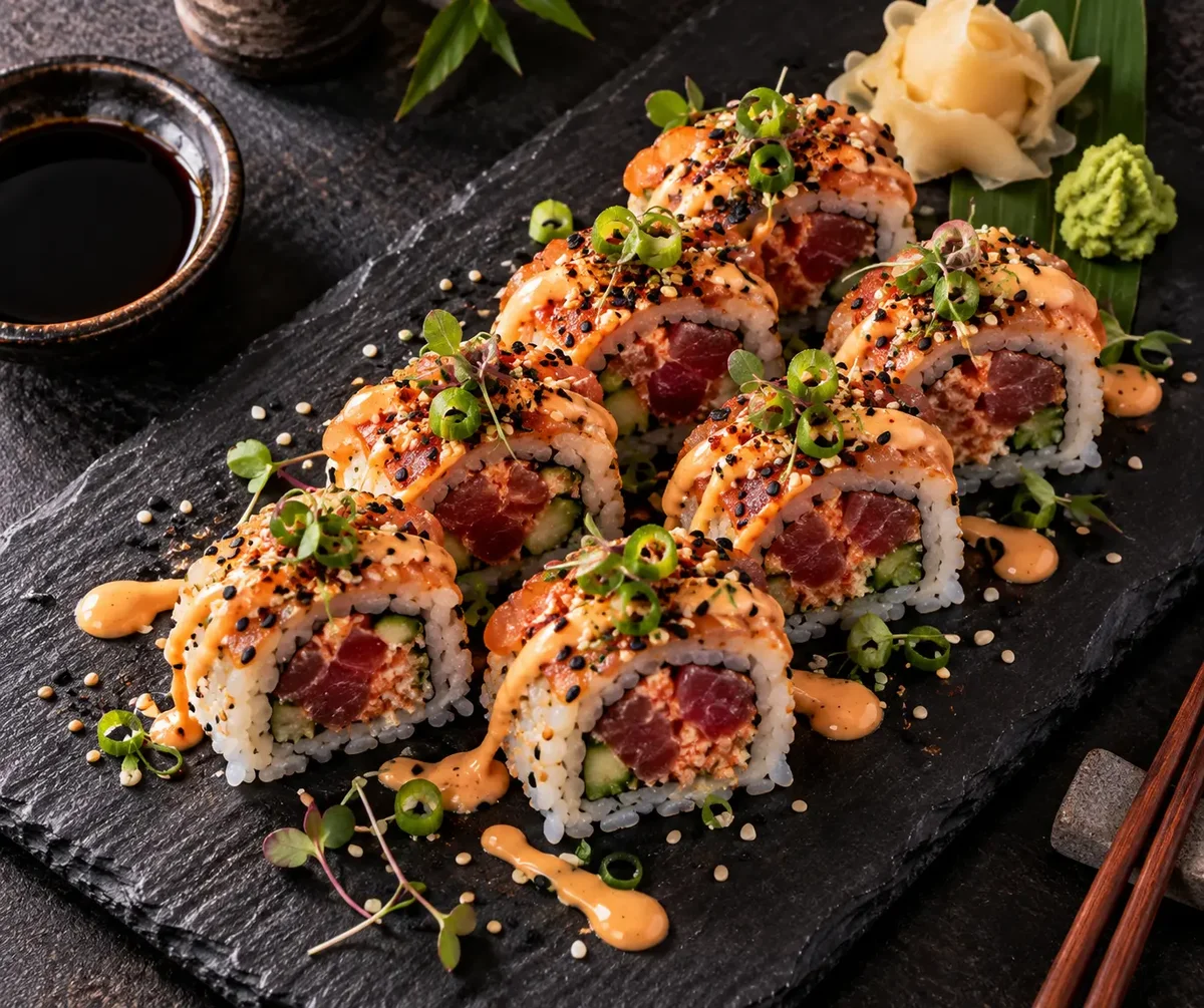 Spicy tuna roll with sesame and scallion