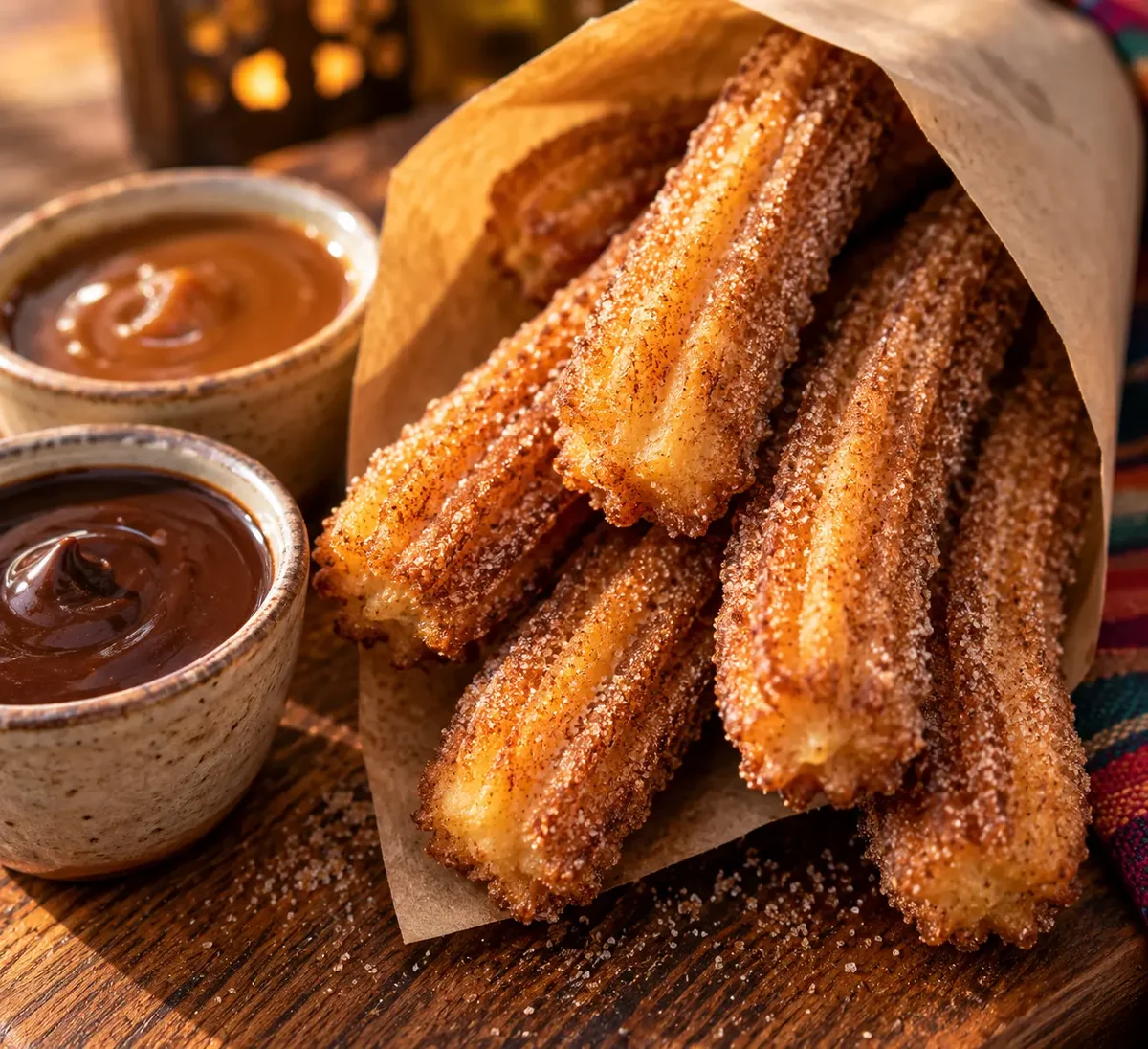 Cinnamon sugar churros with chocolate and caramel dipping sauce