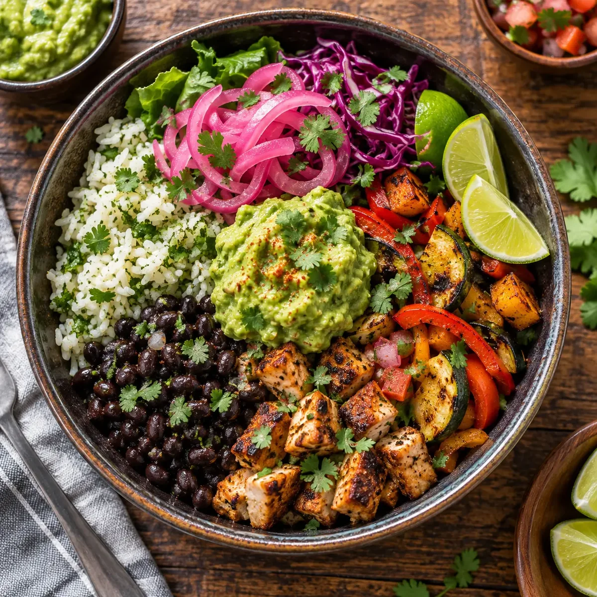 Veggie burrito bowl with rice, beans, and roasted vegetables