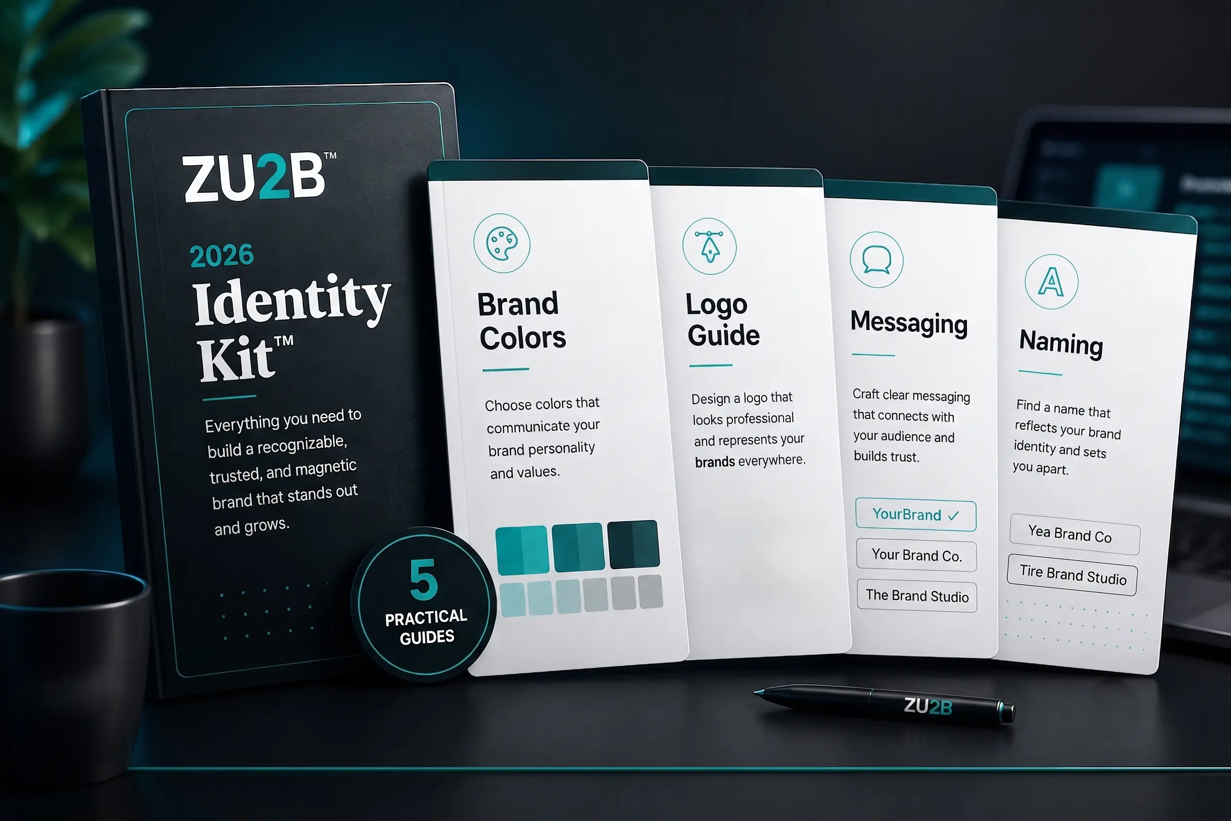 Identity Kit guide covers: Business Name Worksheet, Brand Colors Guide, Logo Guide, Brand Voice Guide, and Identity Workbook